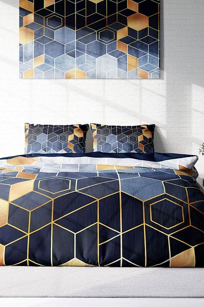 PerlaSera Arty Blue - Double Duvet Cover Set, Tightly Woven Cotton Satin, 3D Custom Design