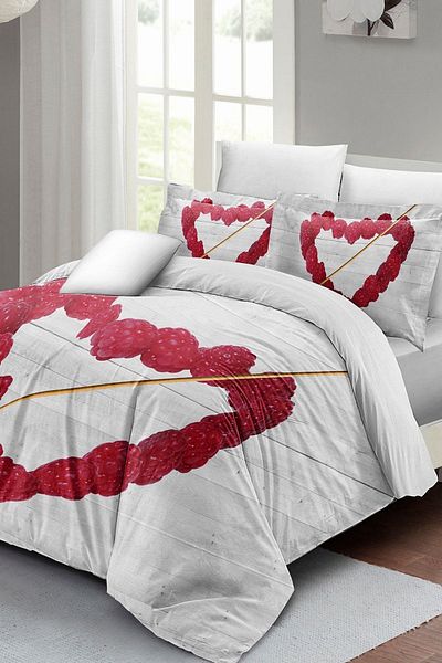 PerlaSera 3D Custom Design - Double Size Raspberry Heart Duvet Cover Set, Tight Woven Cotton Satin