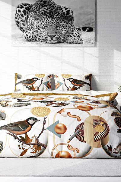 PerlaSera Τρισδιάστατο Προσαρμοσμένο Σχέδιο - Σετ Παπλωματοθήκη από Βαμβακερό Σατέν Διπλό, Bird Circle