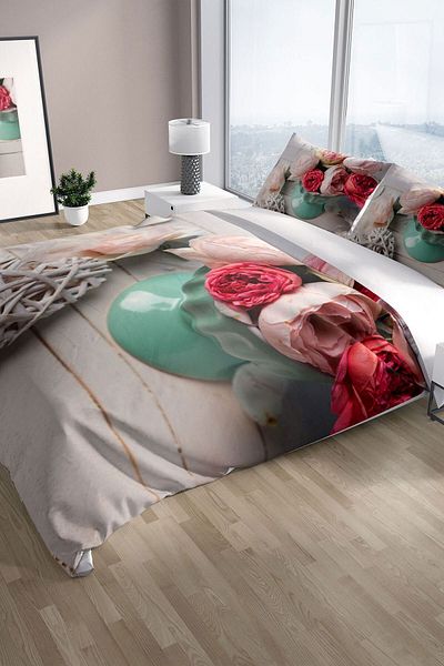 PerlaSera طقم غطاء لحاف مزدوج من الساتان القطني ثلاثي الأبعاد من Rose Love