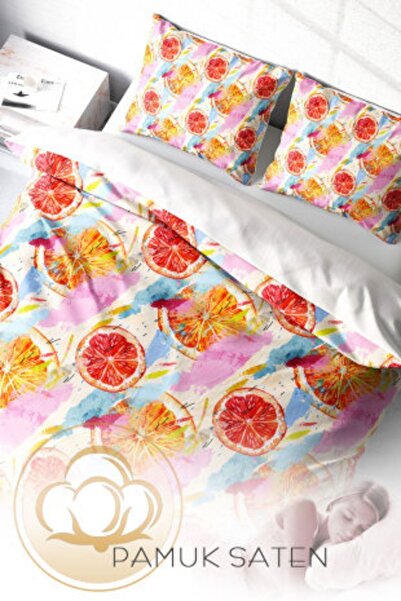 PerlaSera Τρισδιάστατο Προσαρμοσμένο Σχέδιο - Σετ Παπλωματοθήκη από Βαμβακερό Σατέν Διπλό, Πορτοκαλί Φρούτο