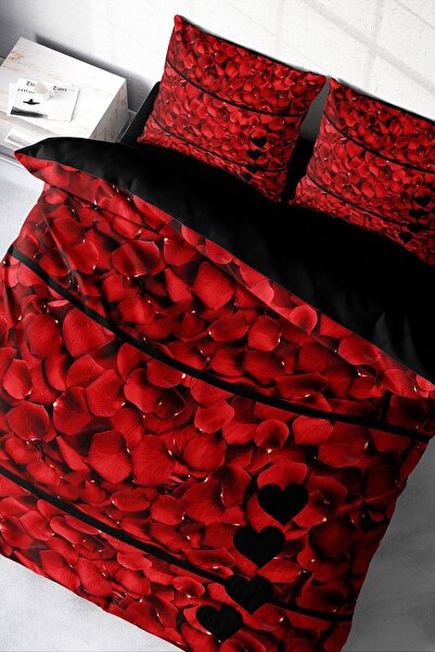 MonoHome Lastikli Çarşaflı %100 Pamuk Saten Çift Kişilik Nevresim Takımı Rose Feather