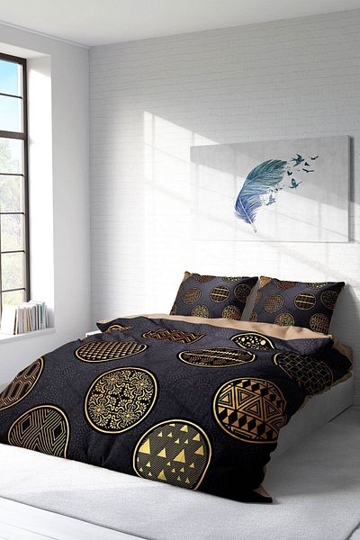 PerlaSera 3D Custom Design - Double Duvet Cover Set, Tight Woven Cotton Satin, Gold Black Circle