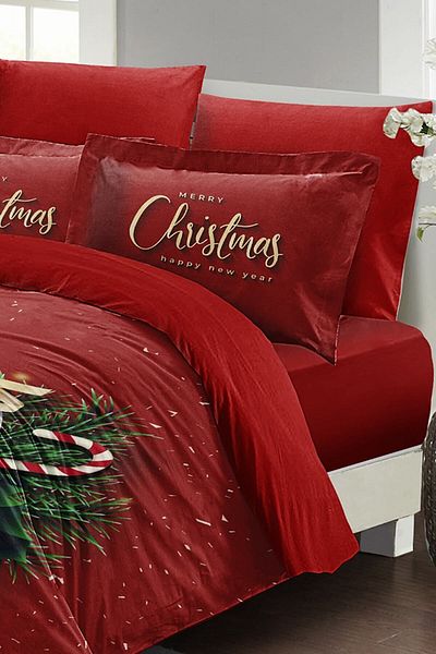MonoHome Christmas Duvet Cover Set (With Elastic Sheets) Double 100% Cotton Satin Christmas