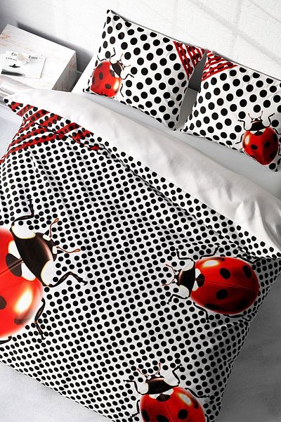 PerlaSera تصميم مخصص ثلاثي الأبعاد Ladybug Natural - طقم غطاء لحاف مزدوج، مصنوع من القطن الساتان المنسوج بشكل محكم