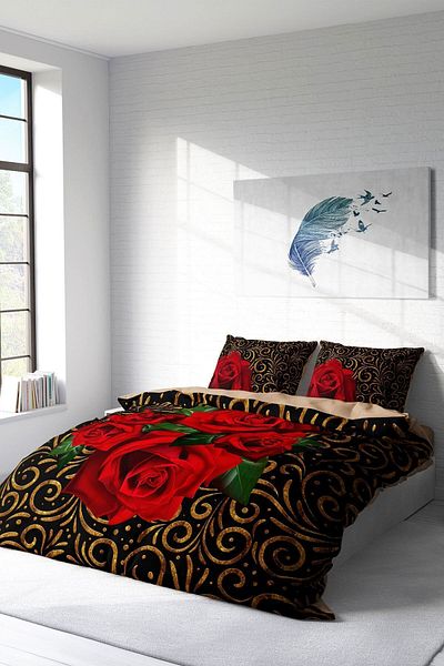 PerlaSera 3D Custom Design - Double Duvet Cover Set, Tight Woven Cotton Satin, Gold & Roses