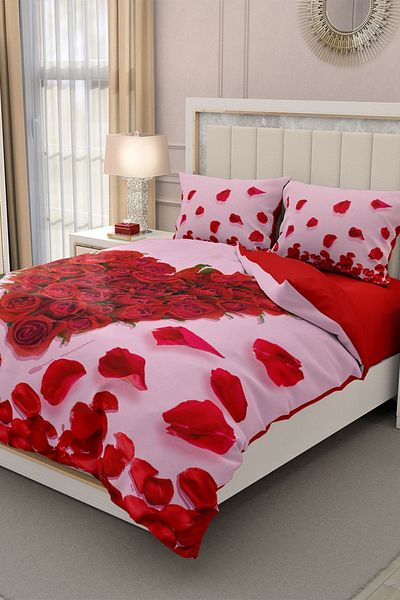 MonoHome Valentine's Day Double Duvet Cover Set 100% Cotton Satin 3d Rose Love