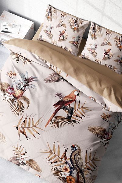 PerlaSera 3D Custom Design - Double Duvet Cover Set, Tightly Woven Cotton Satin, Parrot Land Natural