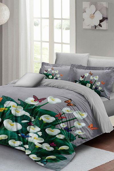 PerlaSera Double Duvet Cover Set - Satin, Cotton, 3D Design Flower Pattern, Spring Gray