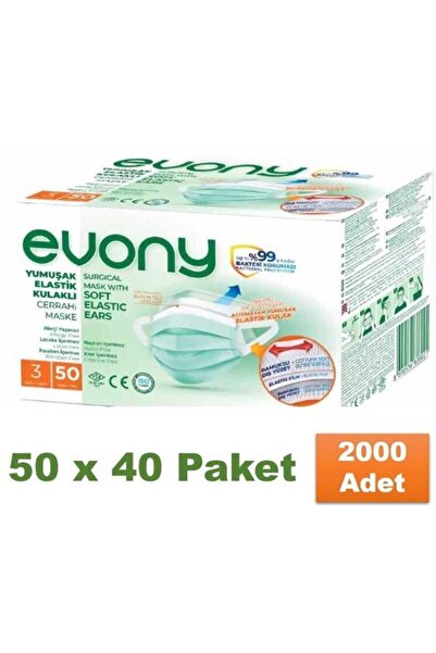Evony Yumuşak Elastik Kulaklı Cerrahi Maske 2.000 Adet (50 X 40 Paket)