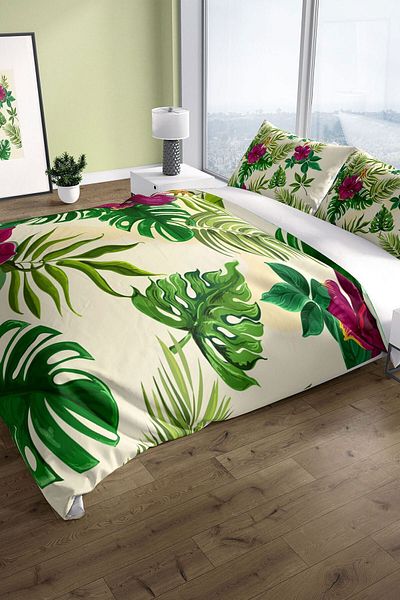 PerlaSera Green 3d Cotton Satin Double Duvet Cover Set