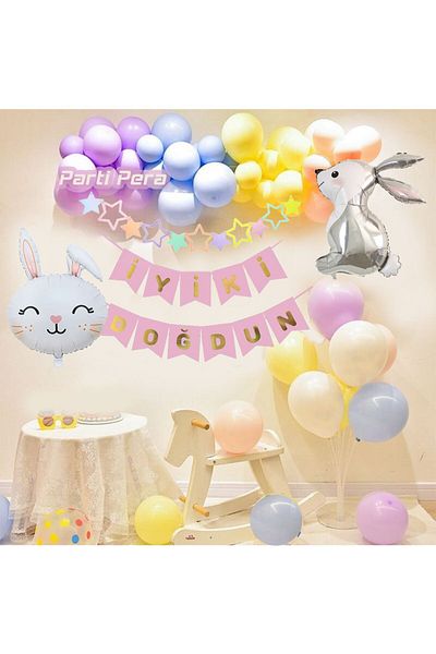 parti pera Σετ αλυσίδας μπαλονιών Rabbit Foil Balloon Macarons Σετ πάρτι γενεθλίων