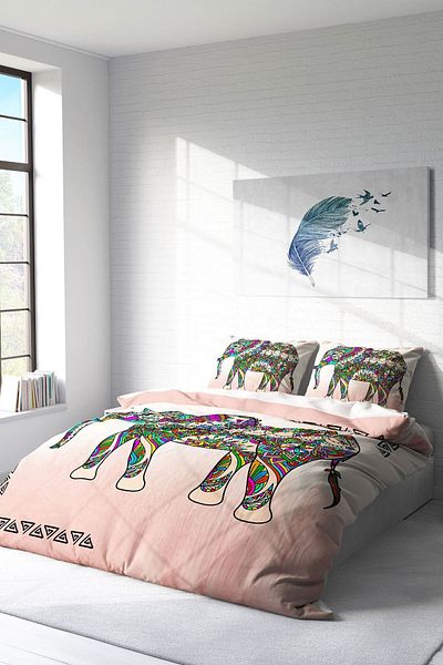 PerlaSera 3D Custom Design - Double Duvet Cover Set, Tightly Woven Cotton Satin, Elephant Natural