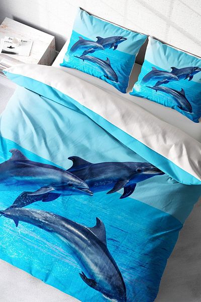 PerlaSera طقم غطاء لحاف مزدوج من Dolphin3 - ستان قطني منسوج بشكل متكرر، تصميم مخصص ثلاثي الأبعاد