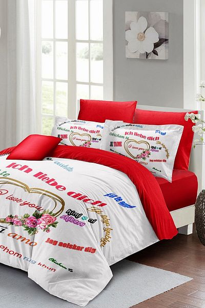 MonoHome Valentine's Day Special Double Duvet Cover Set Cotton Satin Red Love in Every Language