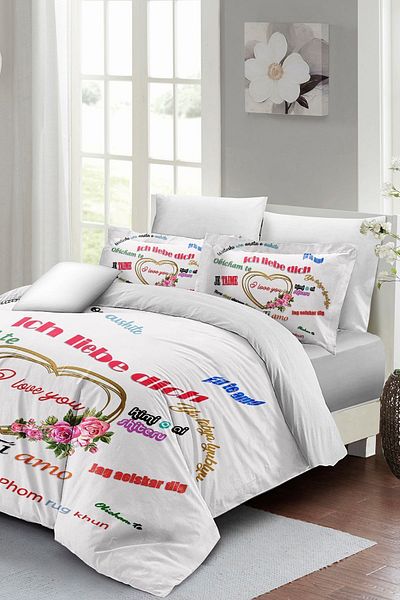 MonoHome Valentine's Day Special Double Duvet Cover Set Cotton Satin White Love in Every Language