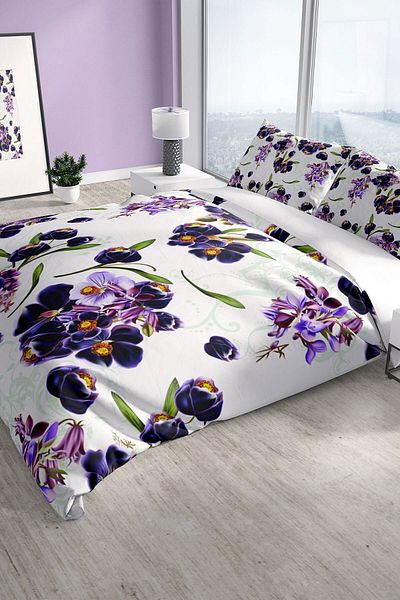 Cattleya Purple 3d Cotton Satin Double Duvet Cover Set