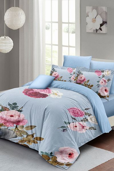 PerlaSera 3D Custom Design Duvet Cover Set - Tightly Woven Cotton Satin, Blue Flower, Double