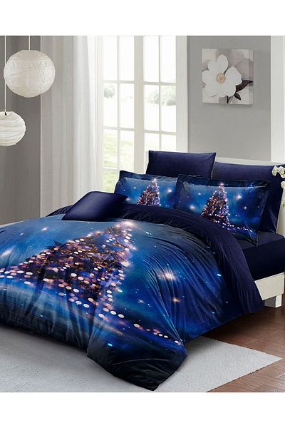 MonoHome New Year's Eve Duvet Cover Set (With Elastic Sheets) Double 100% Cotton Satin Starry Tree