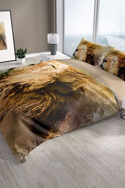 PerlaSera Lion 3d Cotton Satin Double Duvet Cover Set