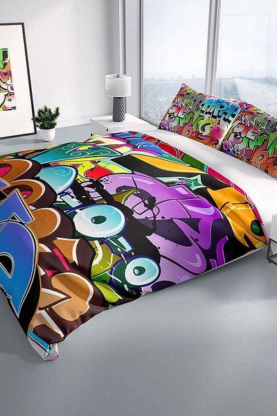 PerlaSera Graffiti 3d Cotton Satin Double Duvet Cover Set