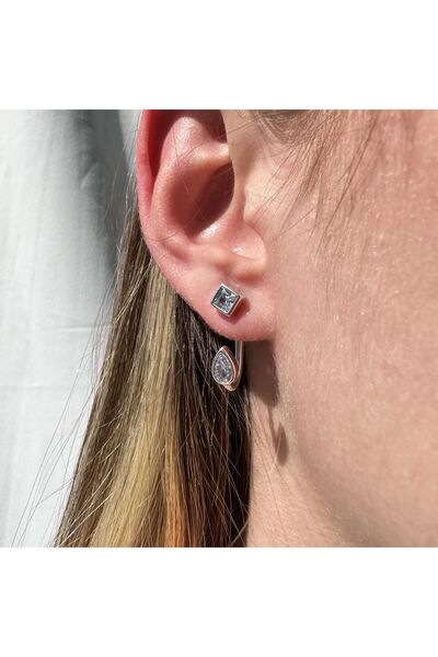 My Story Kare Ve Damla Taşlı Çivili Gümüş Küpe