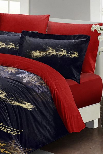 MonoHome Christmas Duvet Cover Set (With Elastic Sheets) Double 100% Cotton Satin Gold Christmas