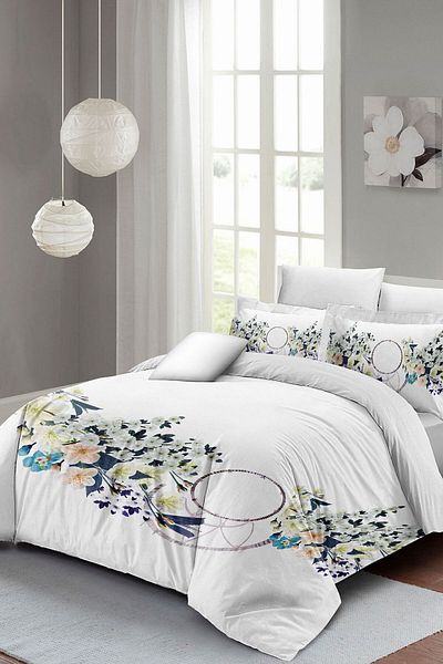 PerlaSera White Floral 3D Custom Design - Double Duvet Cover Set, Satin-Cotton