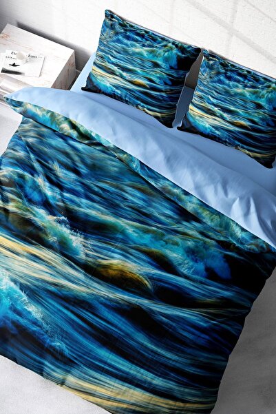 MonoHome Set cuvertură de pilota dublă din satin de bumbac 3d Wavy Sea