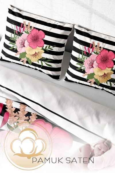 PerlaSera Σετ Παπλωματοθήκη από Βαμβακερό Σατέν με Τρισδιάστατο Ειδικό Σχέδιο - Flower Line