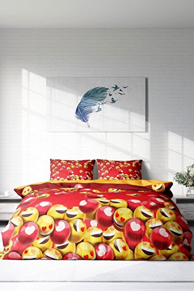 PerlaSera 3D Custom Design - Double Duvet Cover Set, Tight Woven Cotton Satin, Emoji in Red