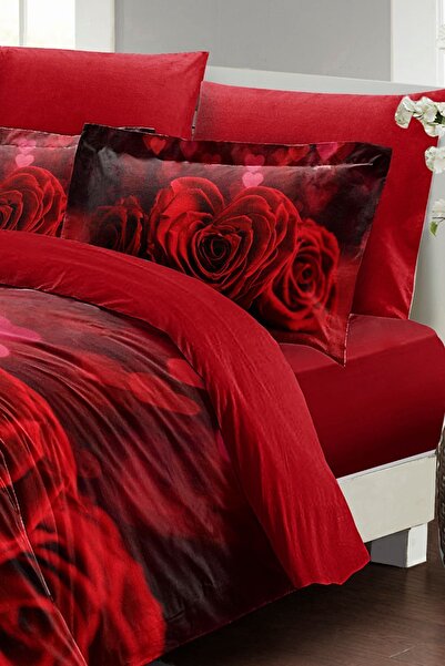 MonoHome Nevresim Takımı %100 Doğal Pamuk Çift Kişilik 3d Digital Roses Love Heart