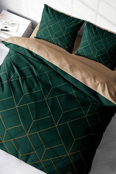 PerlaSera Emerald Suite - Double Duvet Cover Set, Tightly Woven Cotton Satin, 3D Custom Design