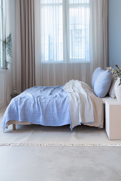 vivamaison Cuvertură de pat supradimensionată din bumbac muselină 4 straturi - Dublu Fețe Baby Blue 240x260 Cm