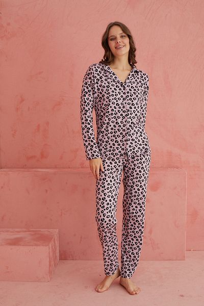 ELİTOL Set de pijamale cu mânecă lungă din țesătură din bambus cu model leopard roz