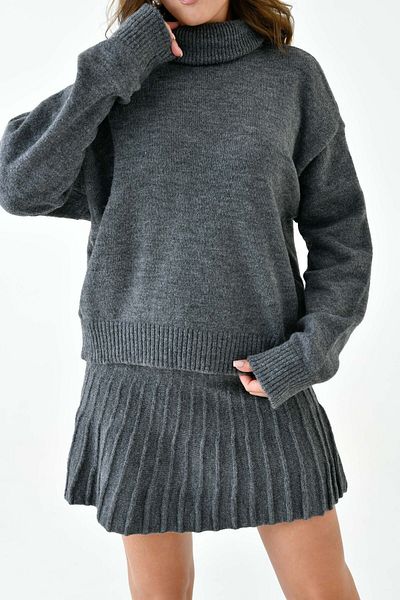 barış sülün lovebox Turtleneck Oversize Knitwear Sweater and mini Skirt - Gray Double Set 9903