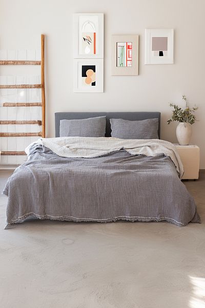 vivamaison 4 Layers Muslin Cotton King Size Pique Bedspread - Gray, Double Sided, 240x260 Cm