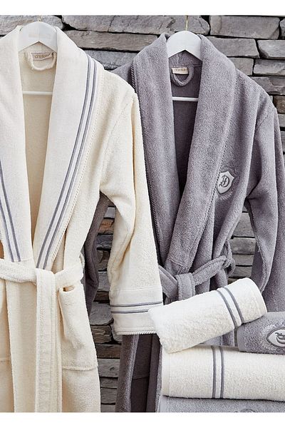 Dantela Line 6 Embroidered Cotton Bathrobe Set - Cream/Grey
