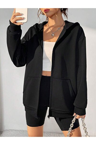 LOUİSA Cardigan negru sezonier supradimensionat cu glugă