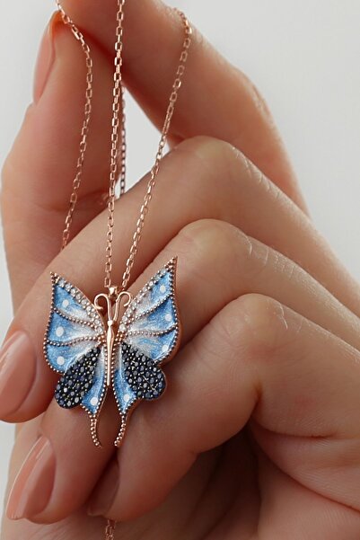 Silvano Jewelry 925 Ayar Gümüş Mavi Mineli Kelebek Kolye