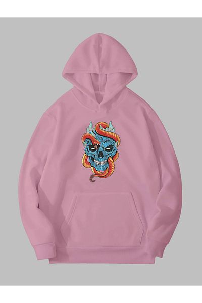 Harmandar Ροζ Unisex Φούτερ - Snake Skull Print, Hoodie με τσέπη καγκουρό