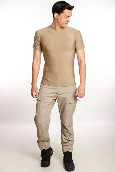 Burak Askeri Malzeme Kum Beji Renkli Kisa Kollu Yuvarlak Yakali Microfiber Na...