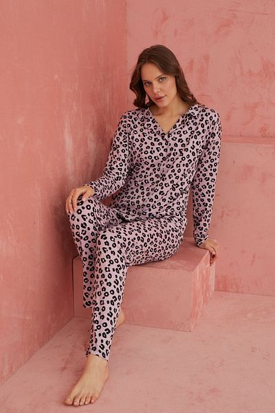 ELİTOL Set de pijamale cu mânecă lungă din țesătură din bambus cu model leopard roz