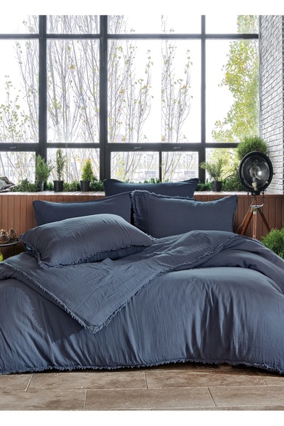Dantela Shıne Pamuk Çift Kişilik Müslin Nevresim Takımı - Indigo