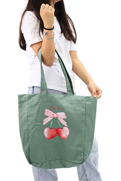ICONE BAG Geantă tote pentru femei cu imprimeu verde cireșe cu volum mare - pentru mână și umăr