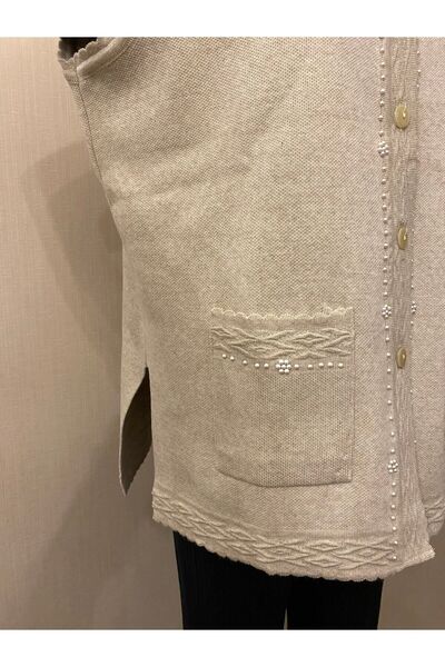 TEK Stylish Patterned and Beaded Mother's Vest - Pearl Detailed, Cream