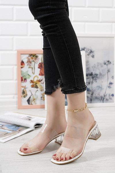 YADE MODA Women's White Transparent Banded Heeled Slippers