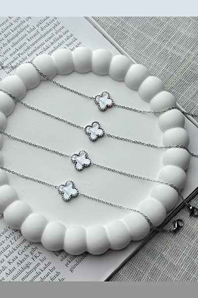 AURRARİ Gümüş Renk Cleef Beyaz Sedef Yonca Çelik Bileklik