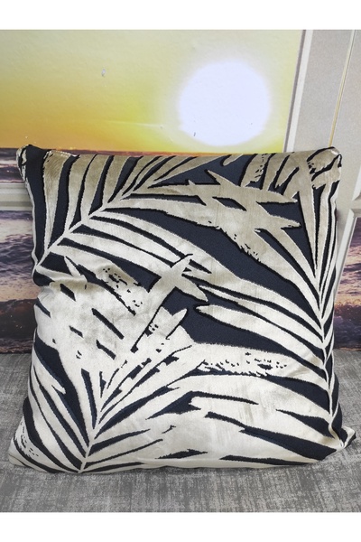 Evcimenhome New Product Velvet Cushion Cover 43Cmx43Cm Palm Ecru Color: Black over Beige