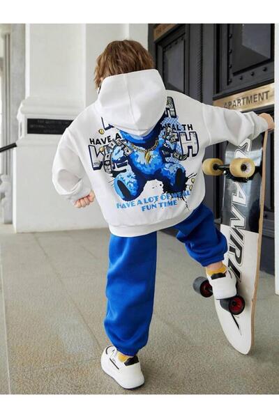 MORNİNG KİDS Boy'sSweatshirtand Sweatpants Set -RichBack Printed, White-sax Blue